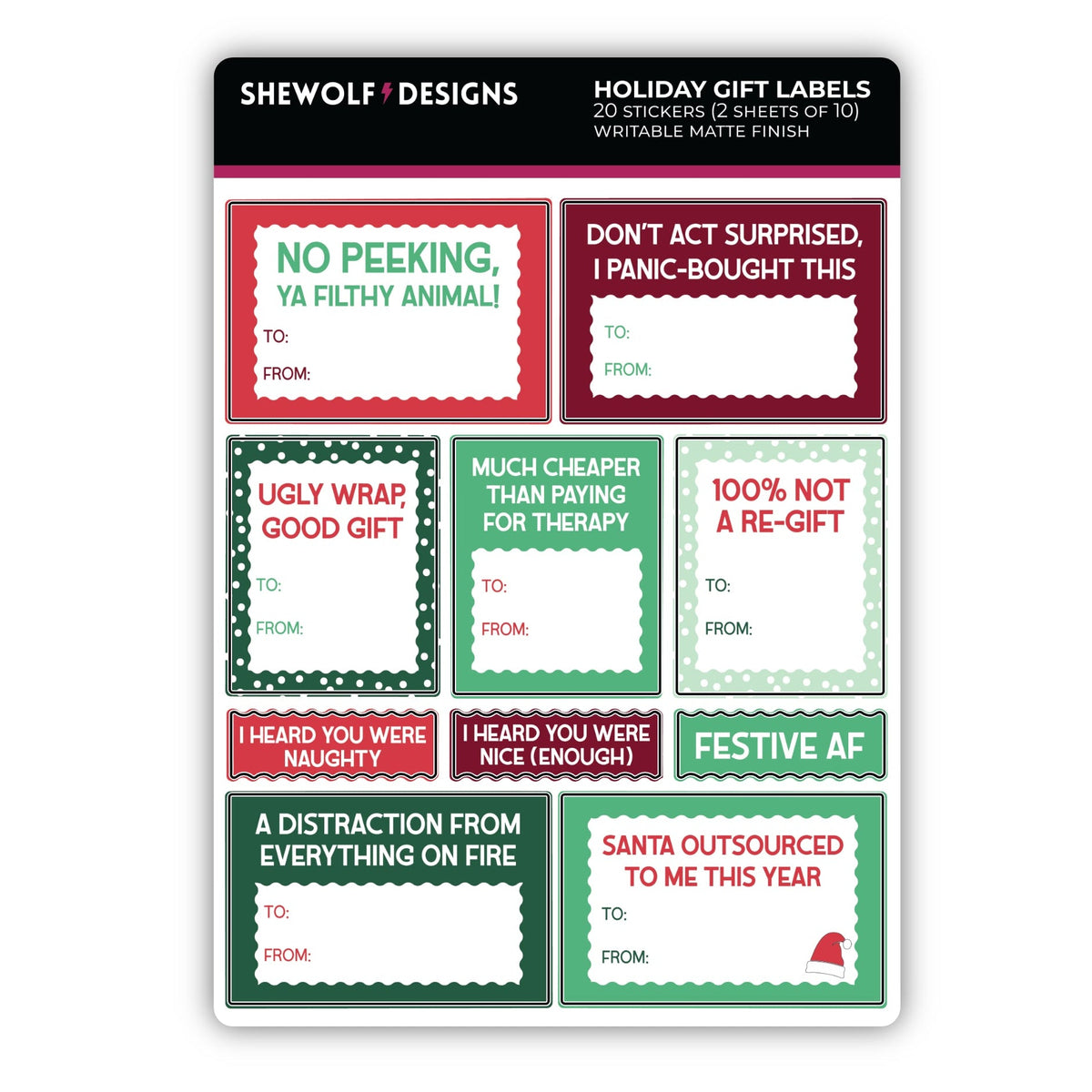 A sheet of holiday gift labels from Shewolf Designs, featuring 10 stickers in two sheets of 10. The labels have festive red, green, and white borders with humorous holiday-themed text on a white background.