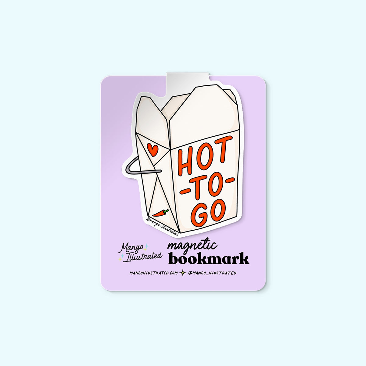 HOT-TO-GO magnetic bookmark detail — illustrated takeout themed page marker on a book by indie artist MangoIllustrated