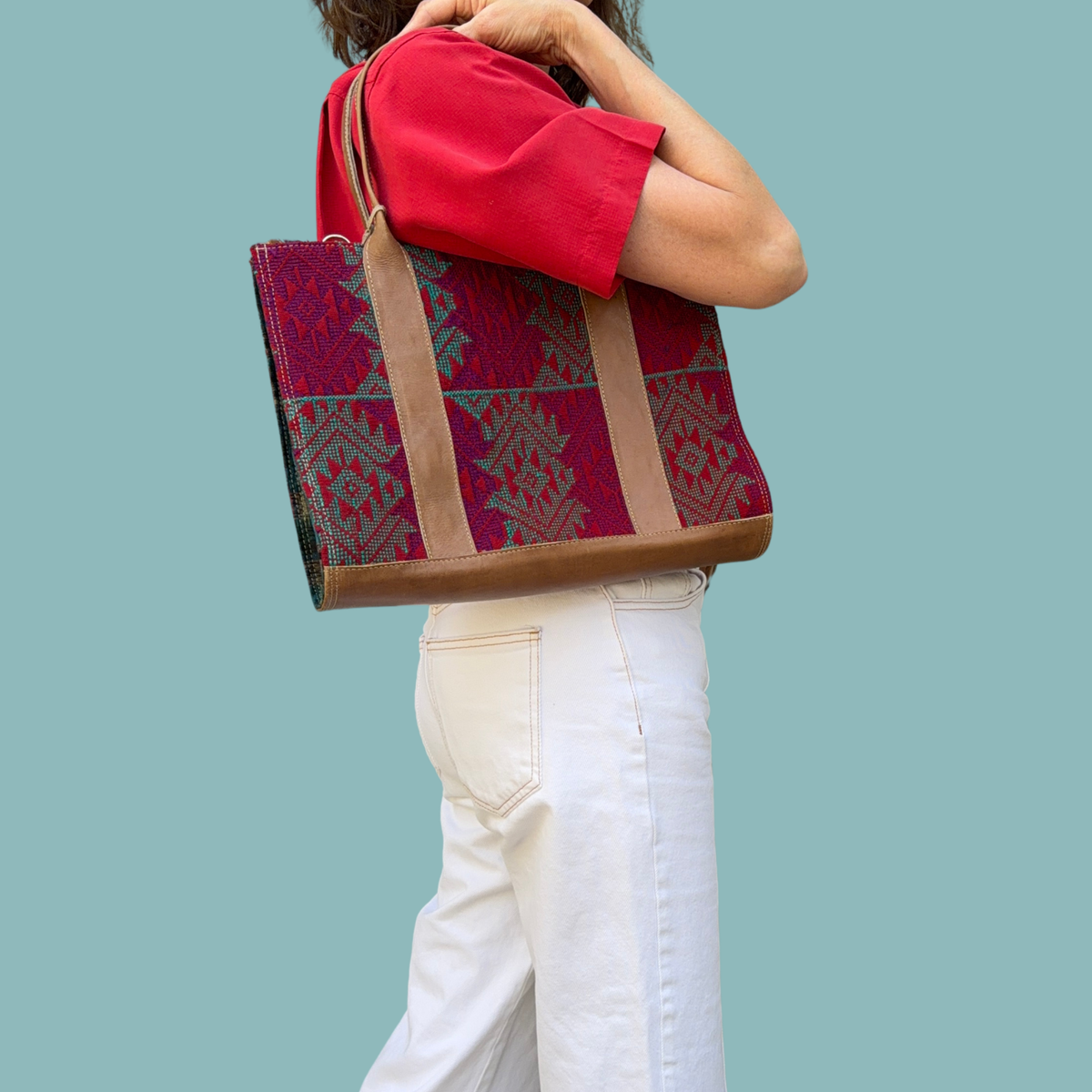 Handwoven Vintage Huipil Leather Tote