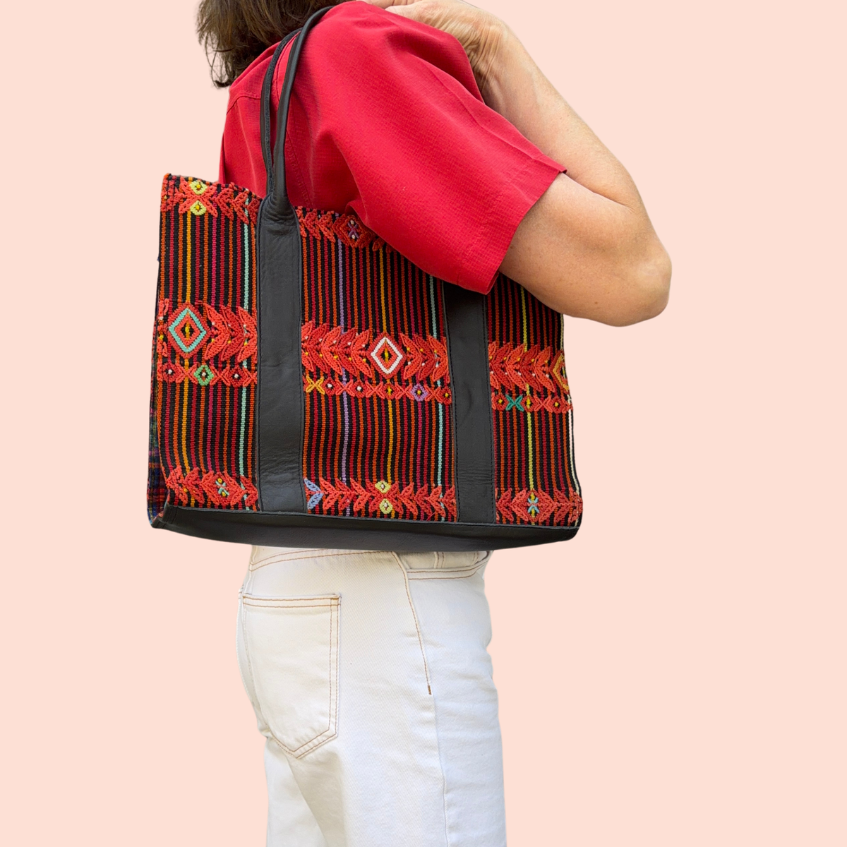 Handwoven Vintage Huipil Leather Tote