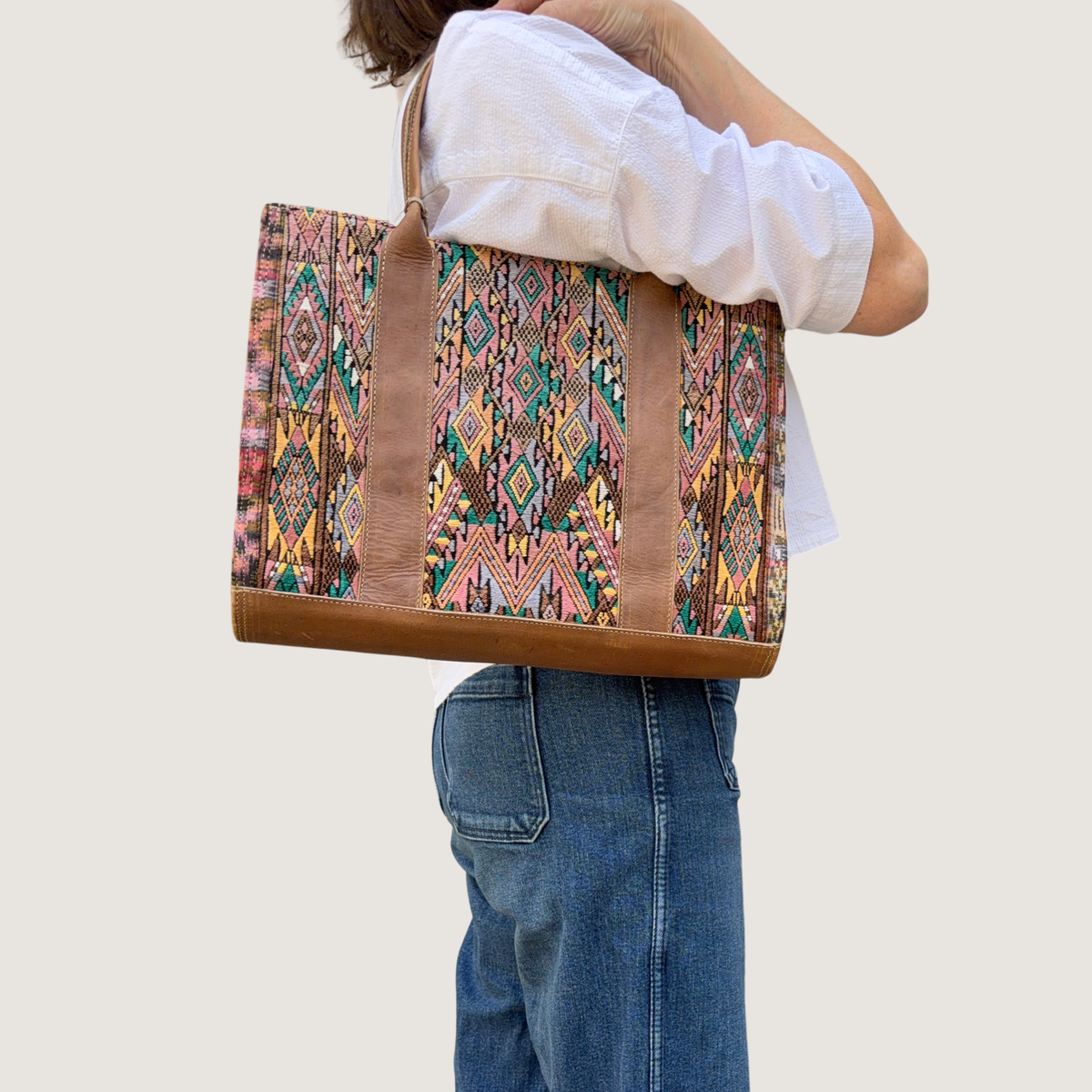 Handwoven Vintage Huipil Leather Tote