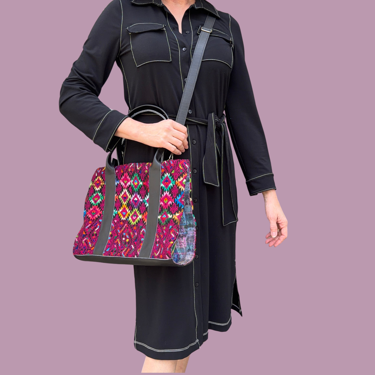 Handwoven Vintage Huipil Leather Tote
