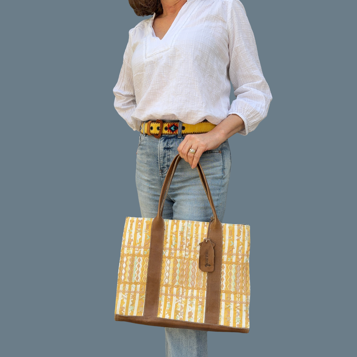 Handwoven Vintage Huipil Leather Tote