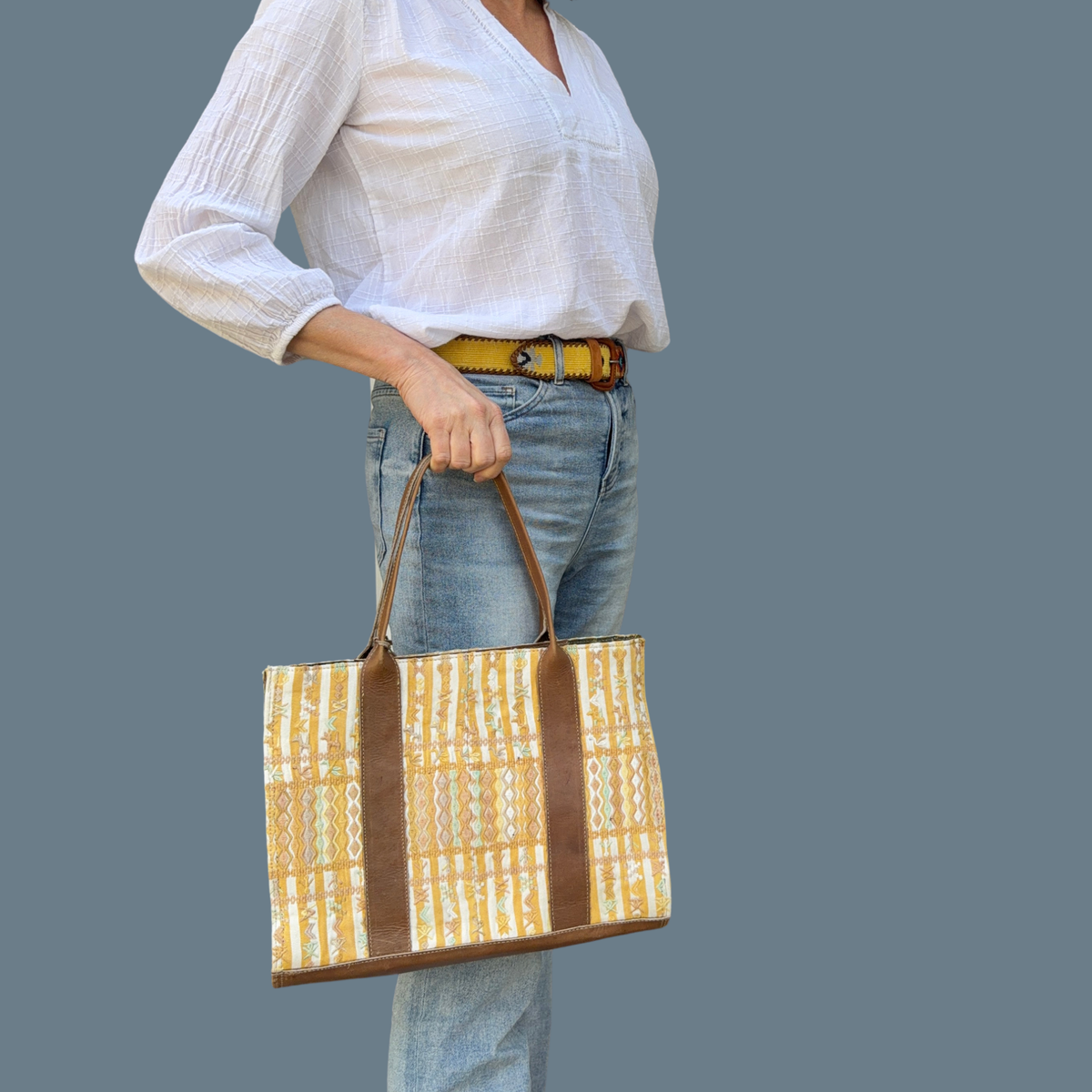Handwoven Vintage Huipil Leather Tote