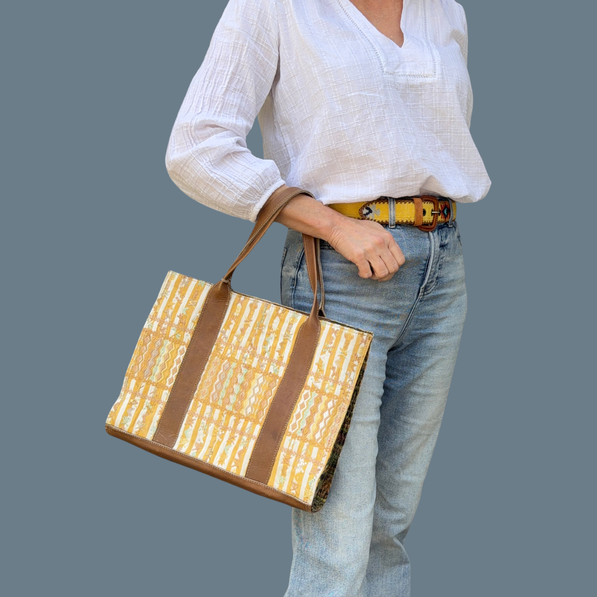 Handwoven Vintage Huipil Leather Tote