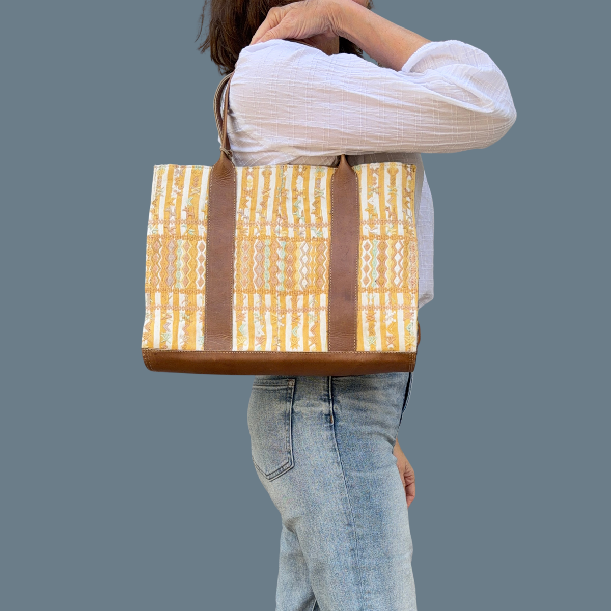 Handwoven Vintage Huipil Leather Tote