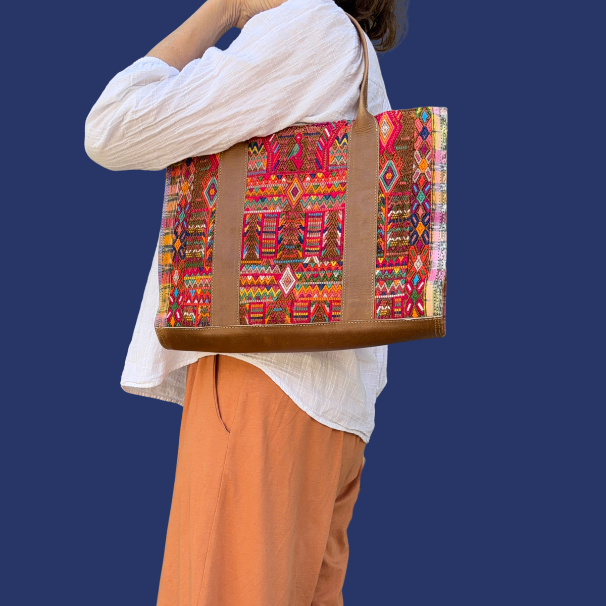 Handwoven Vintage Huipil Leather Tote