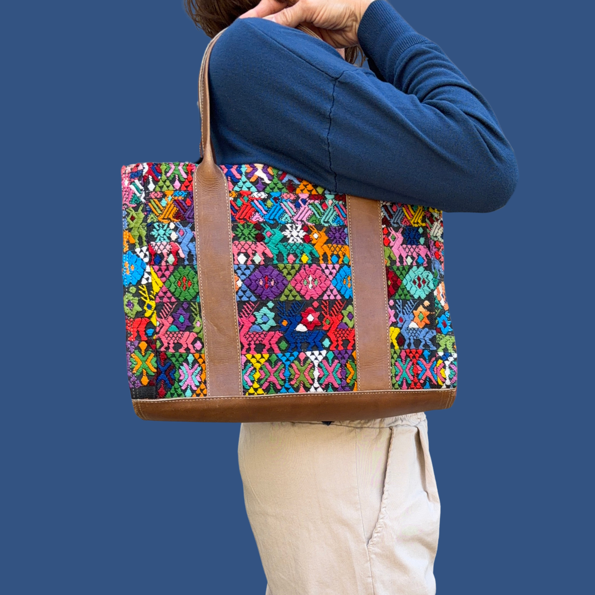 Handwoven Vintage Huipil Leather Tote