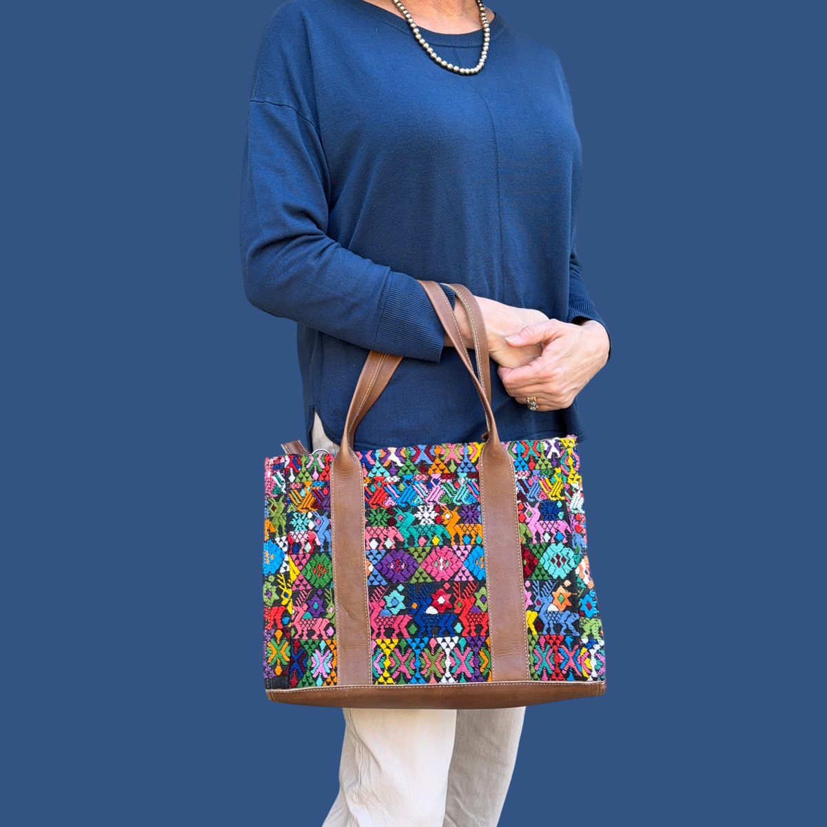 Handwoven Vintage Huipil Leather Tote