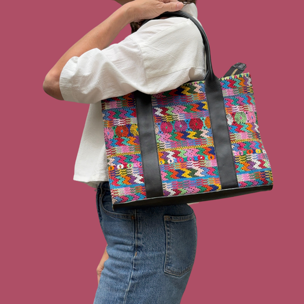 Handwoven Vintage Huipil Leather Tote