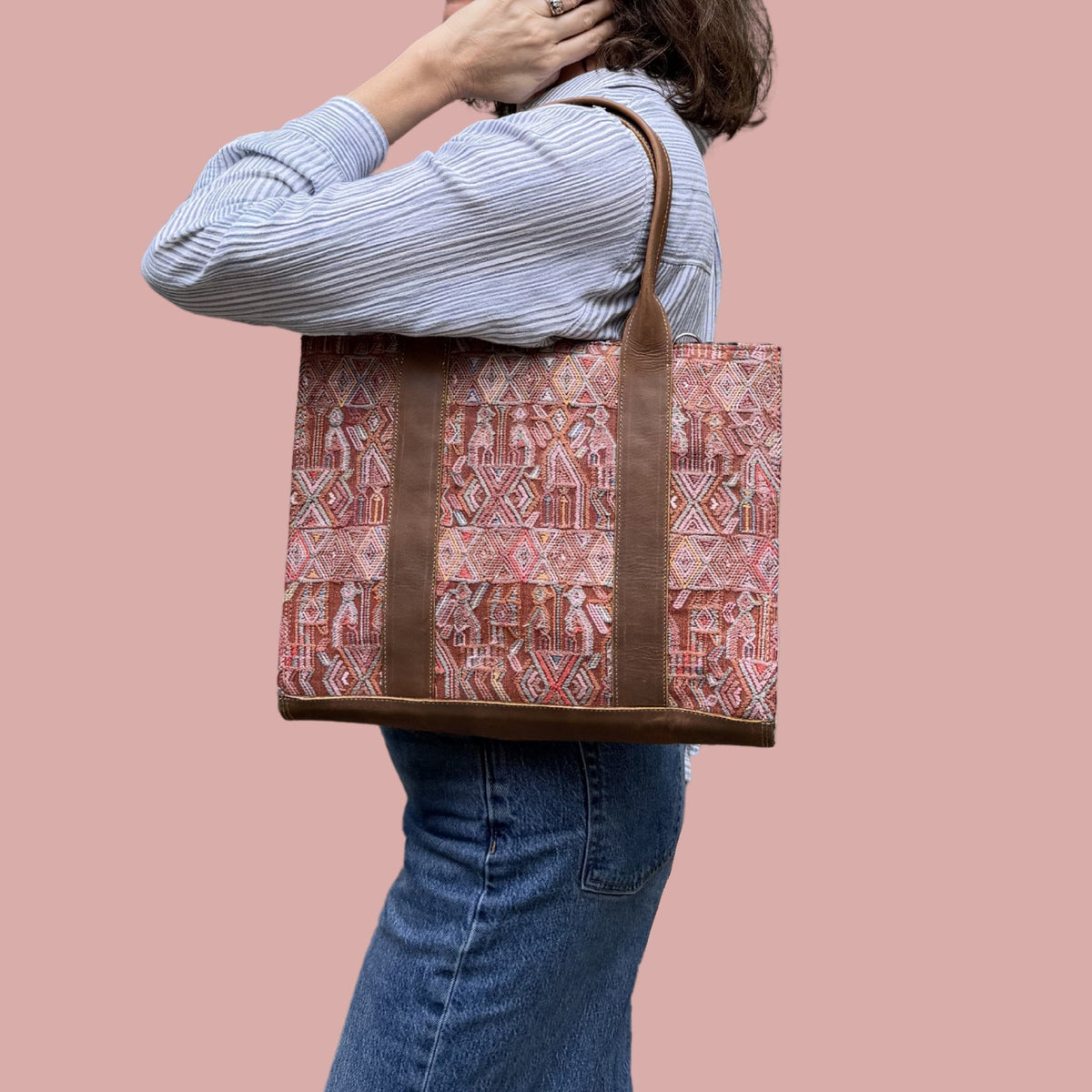 Handwoven Vintage Huipil Leather Tote