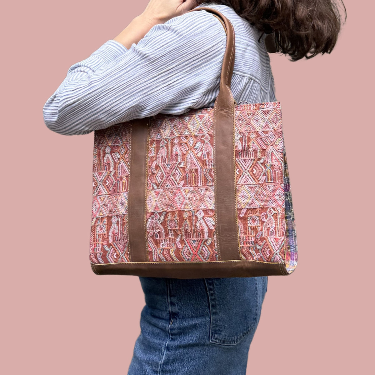Handwoven Vintage Huipil Leather Tote