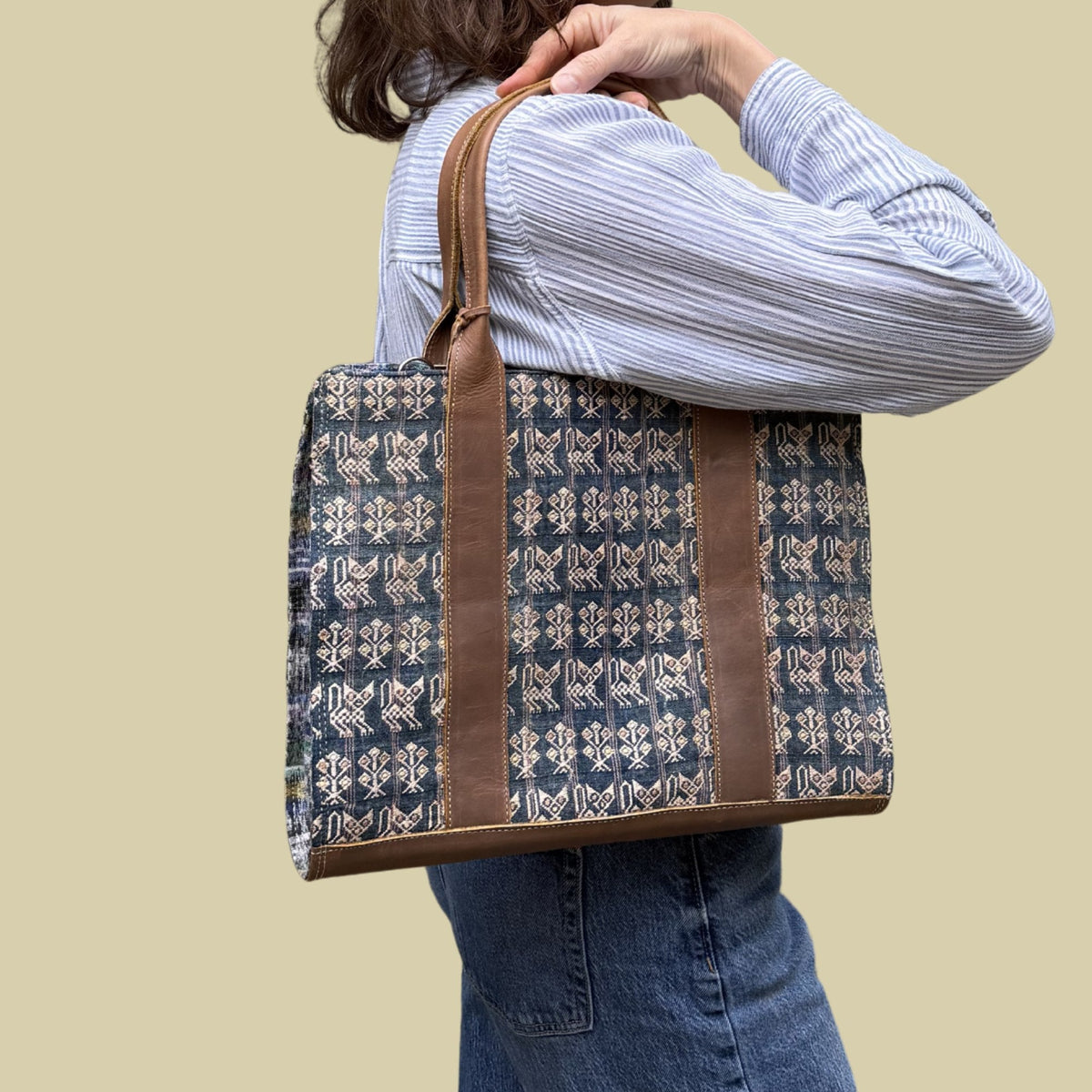 Handwoven Vintage Huipil Leather Tote