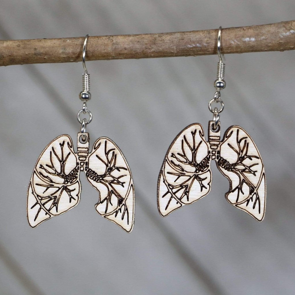Hand-painted wooden human lung dangle earrings with detailed anatomy design and hypoallergenic sterling silver hooks, lightweight medical statement jewelry earrings for healthcare workers and science lovers