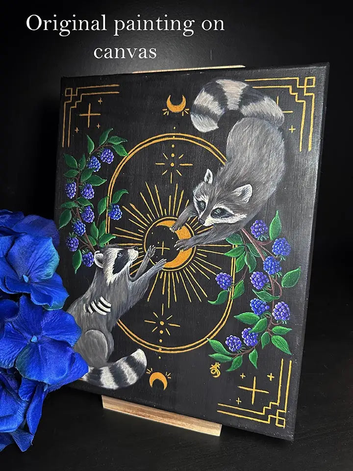 Gothic Raccoon Art Print, Tarot Style Wall Art, Forest Witch Cozy Painting
