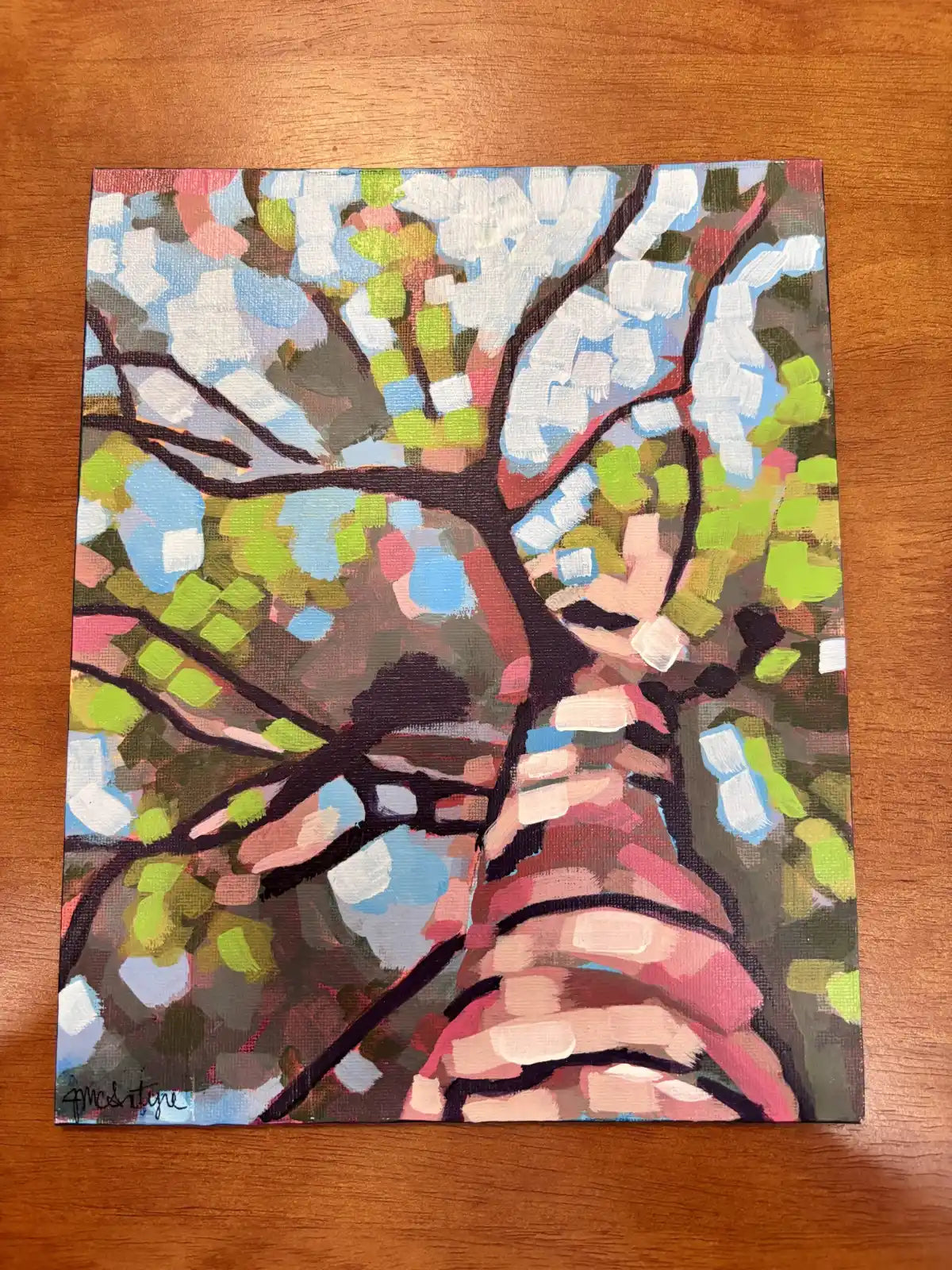Framed Tree Trunk Painting – Abstract Woodland Art, Upward View, 8x10, framed