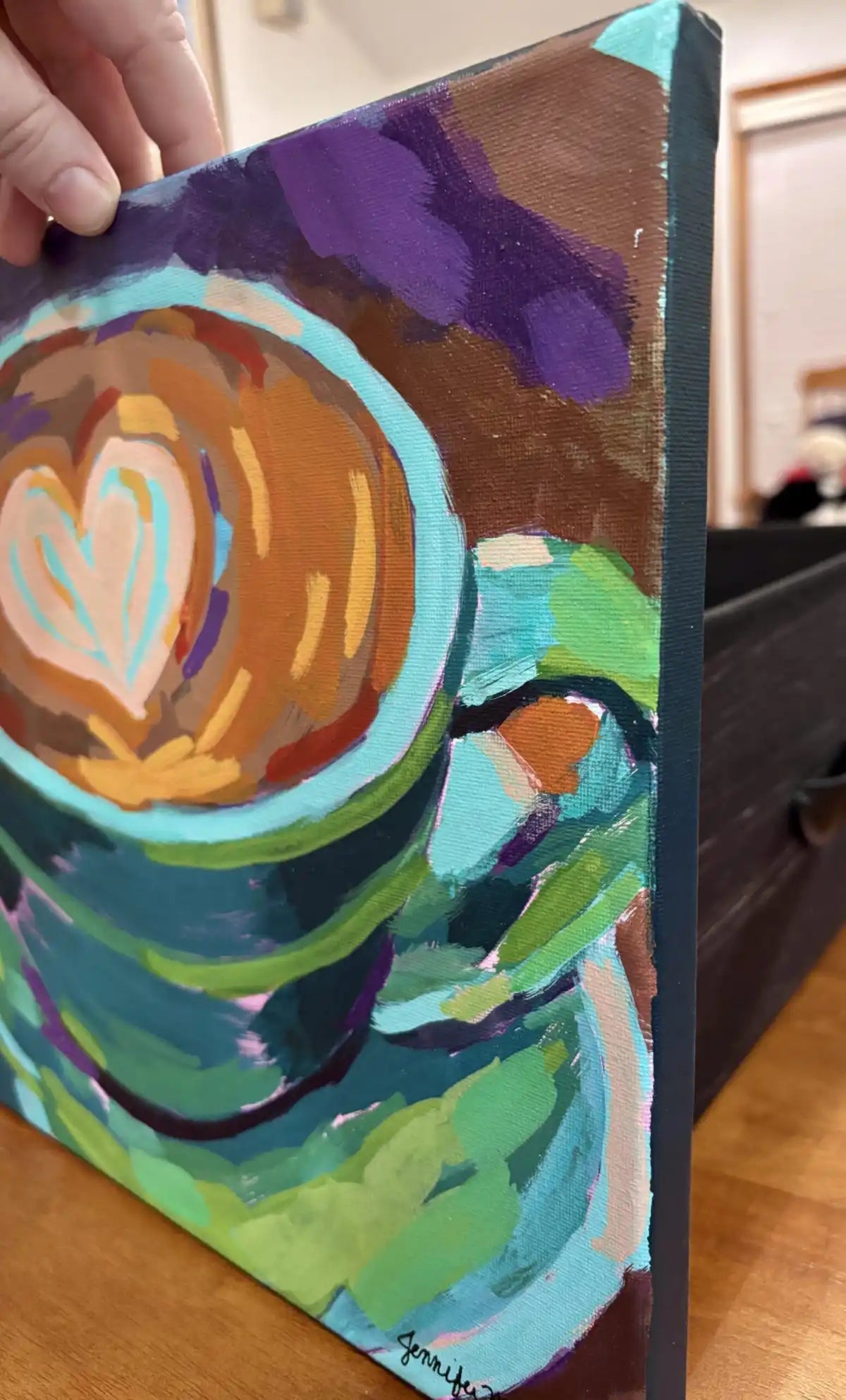 Original Latte Art Painting – Colorful Coffee Cup Acrylic Canvas, 14x11