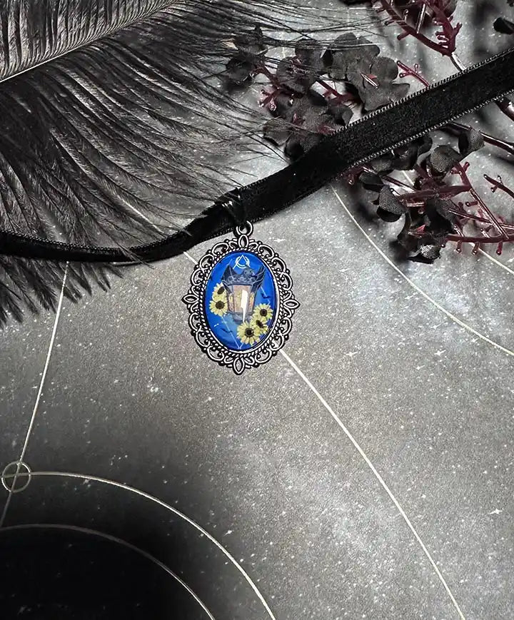 Gothic Sunflower Bat Choker: Victorian Mourning Jewelry with Original Hand-Painted Artwork