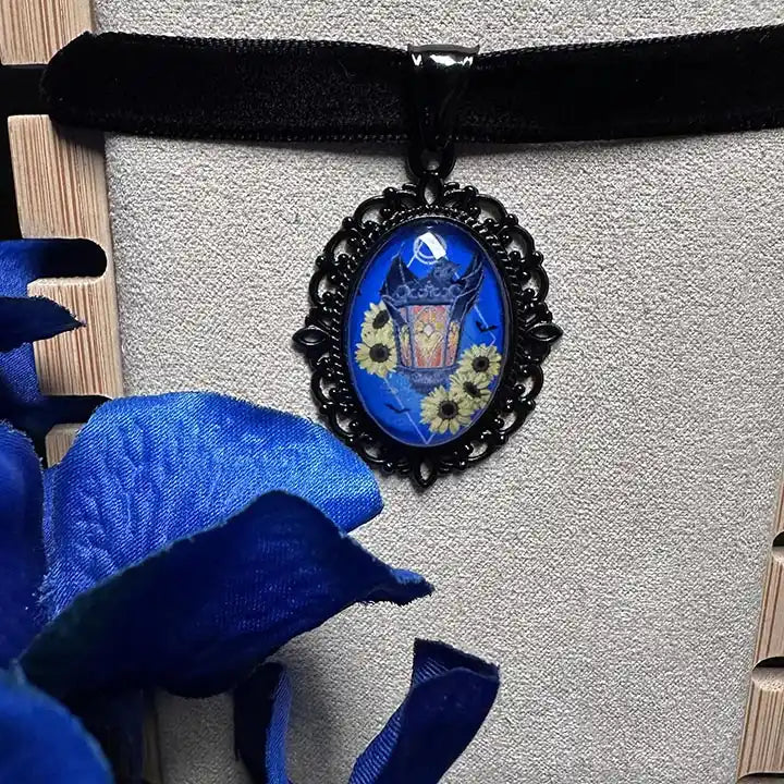 Gothic Sunflower Bat Choker: Victorian Mourning Jewelry with Original Hand-Painted Artwork