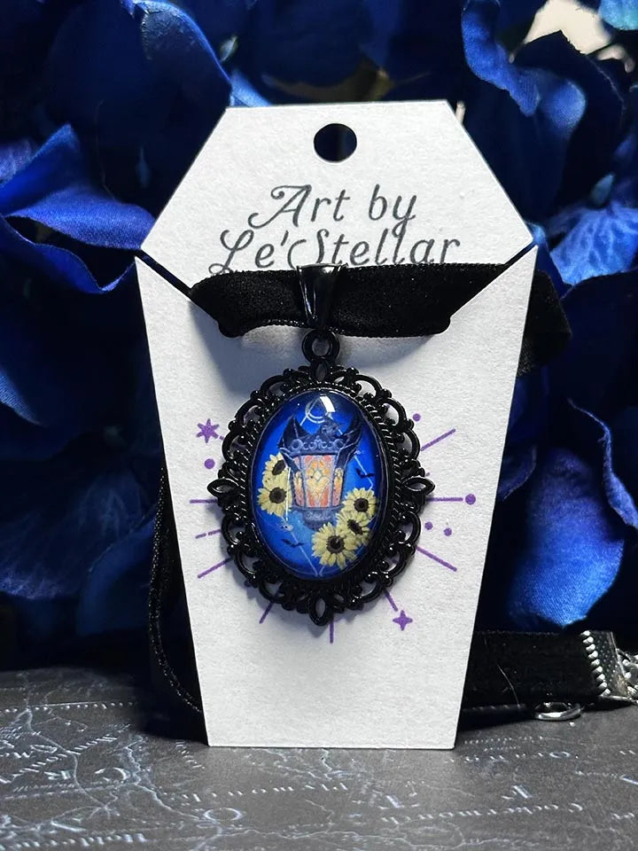Gothic Sunflower Bat Choker: Victorian Mourning Jewelry with Original Hand-Painted Artwork