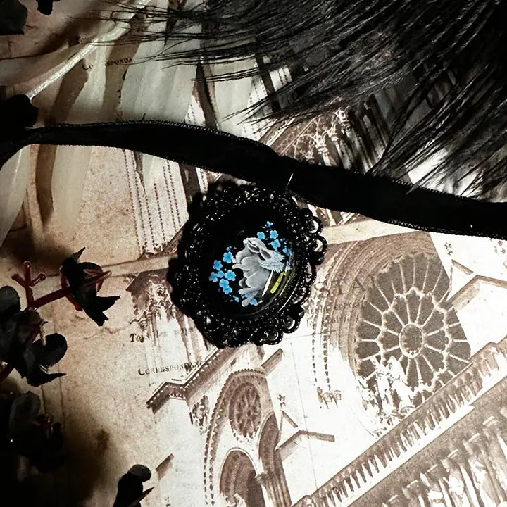 Angel Rabbit Choker: Victorian Mourning Jewelry with Original Hand-Painted Artwork