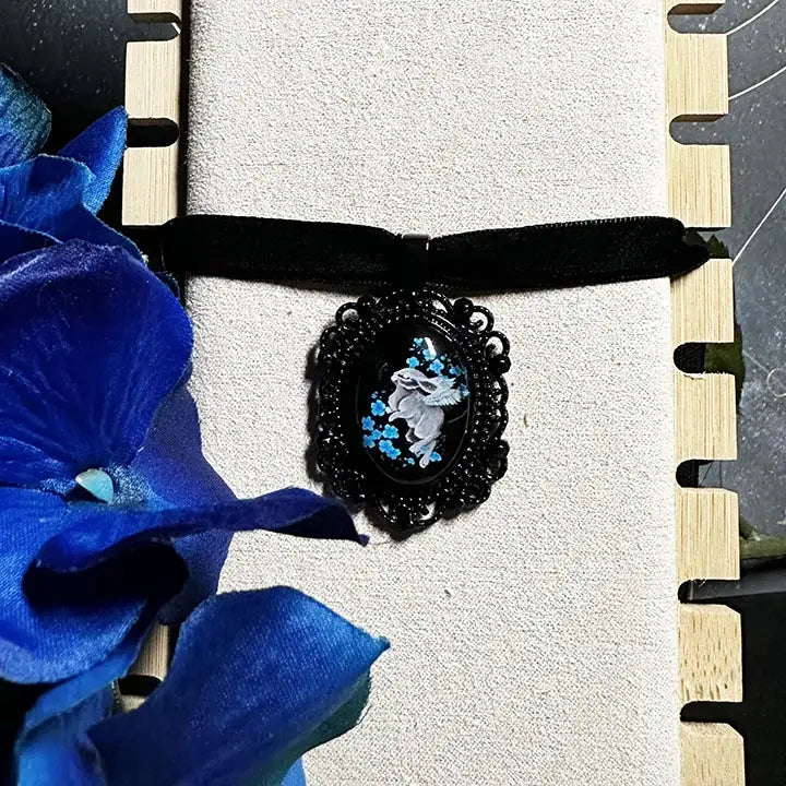 Angel Rabbit Choker: Victorian Mourning Jewelry with Original Hand-Painted Artwork