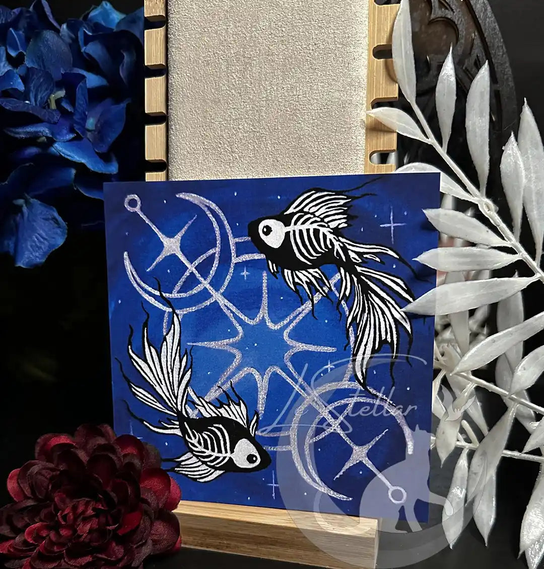 Pisces Skeleton Betta Fish Print with Celestial Moon Accents, Zodiac Series