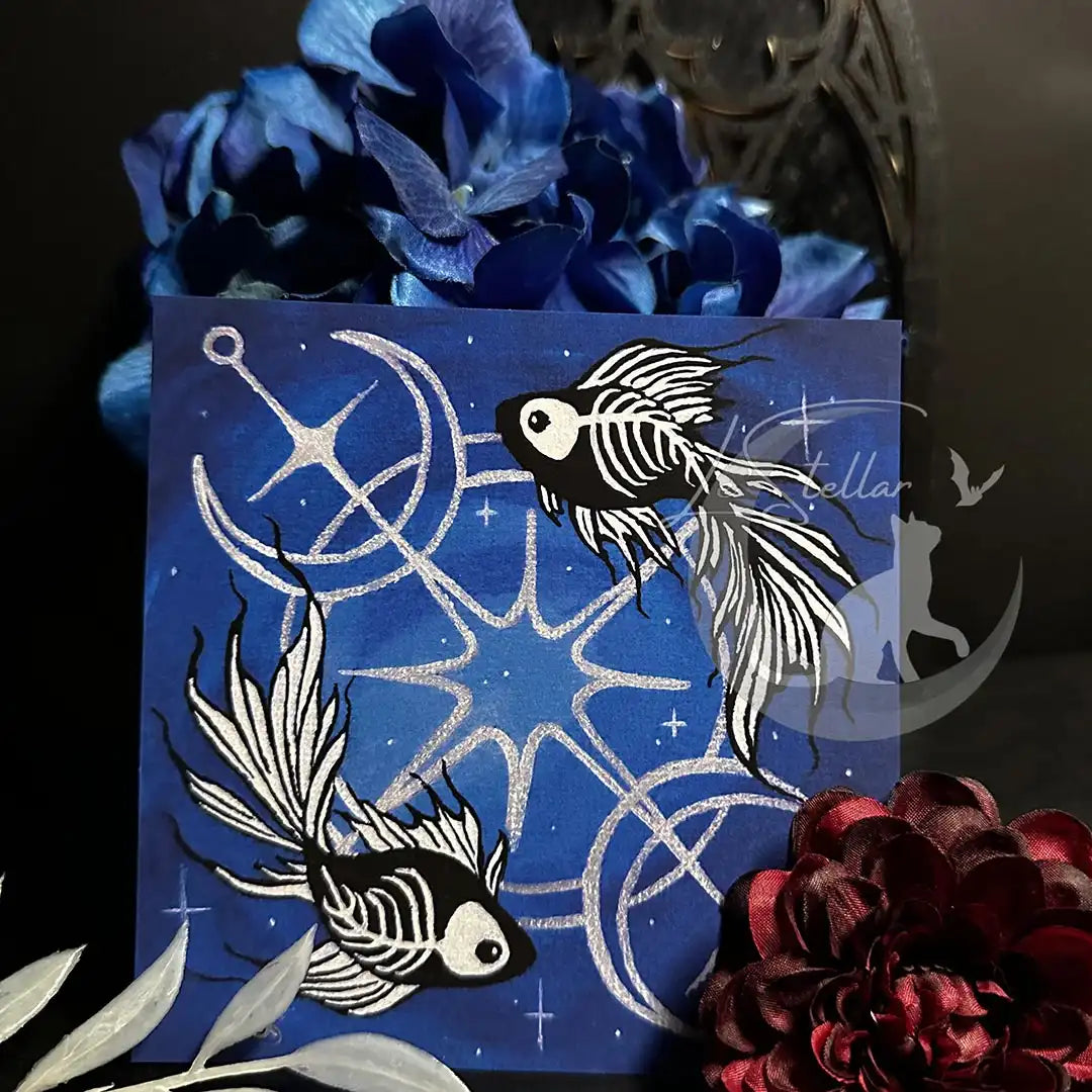 Pisces Skeleton Betta Fish Print with Celestial Moon Accents, Zodiac Series