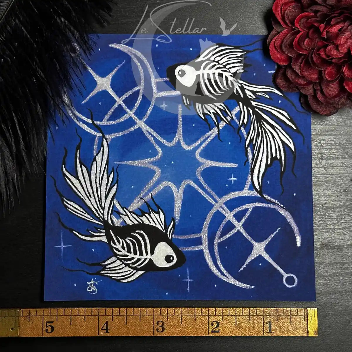 Pisces Skeleton Betta Fish Print with Celestial Moon Accents, Zodiac Series