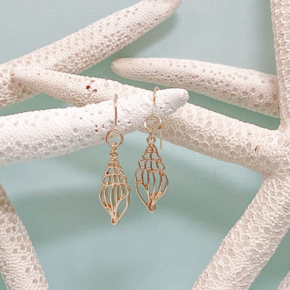 marco island gold tulip shell drop earrings on loop wire