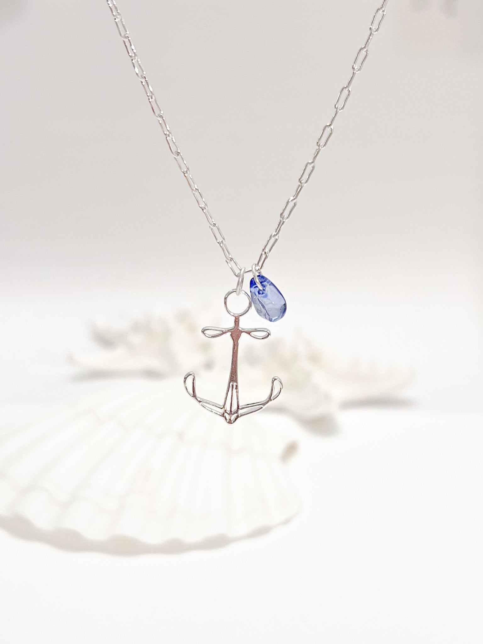 plymouth anchor long pendant necklace - silver