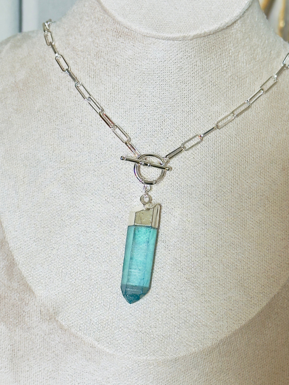 Blue Angel Aura Quartz Pendulum Necklace on Paperclip Chain