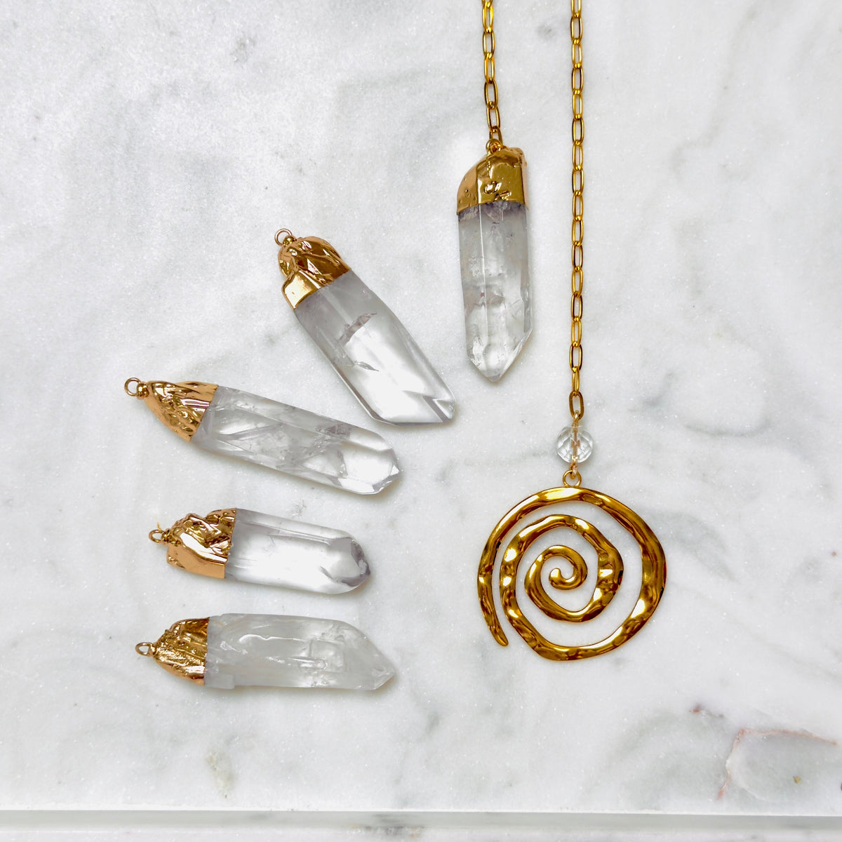 Clear Quartz Pendulum with Gold Spiral Charm