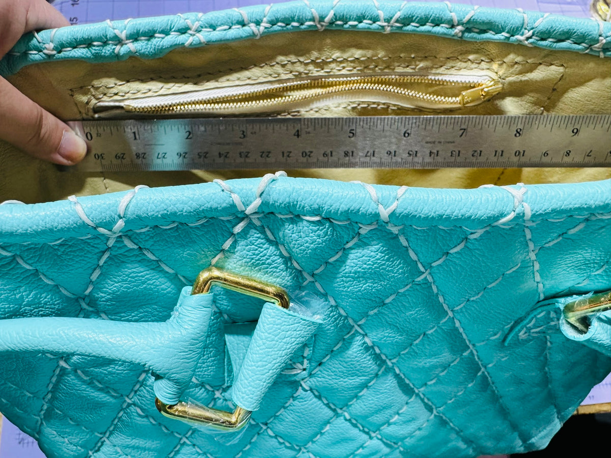 Blue Quilted Leather Tote with Liner, Zipper Pocket, Key Keeper, Gold Plated Hardware, Brass Feet