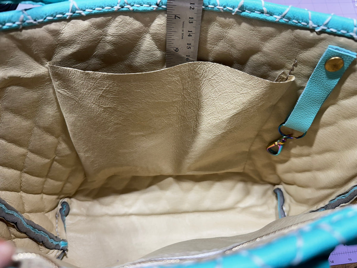 Blue Quilted Leather Tote with Liner, Zipper Pocket, Key Keeper, Gold Plated Hardware, Brass Feet
