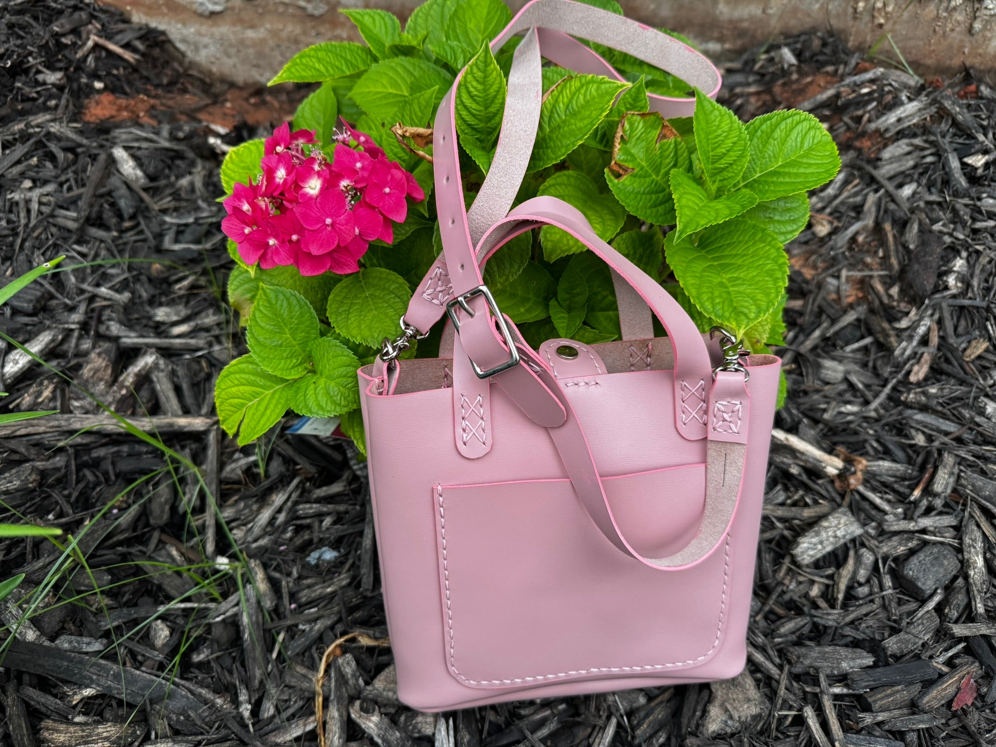 Limited Edition Handmade Soft Pink Leather Mini Tote with Adjustable and Detachable Crossbody Strap