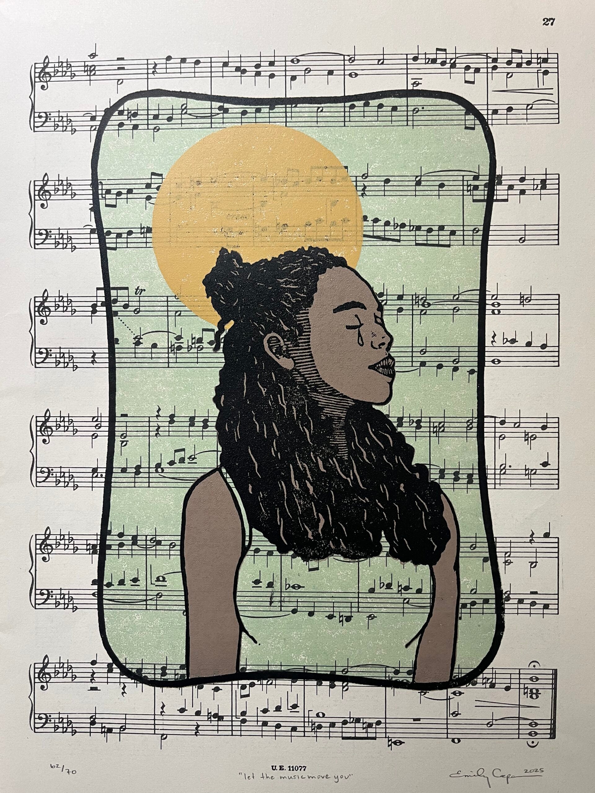 “Let the music move you” limited edition reduction linoleum block print - music sheet art