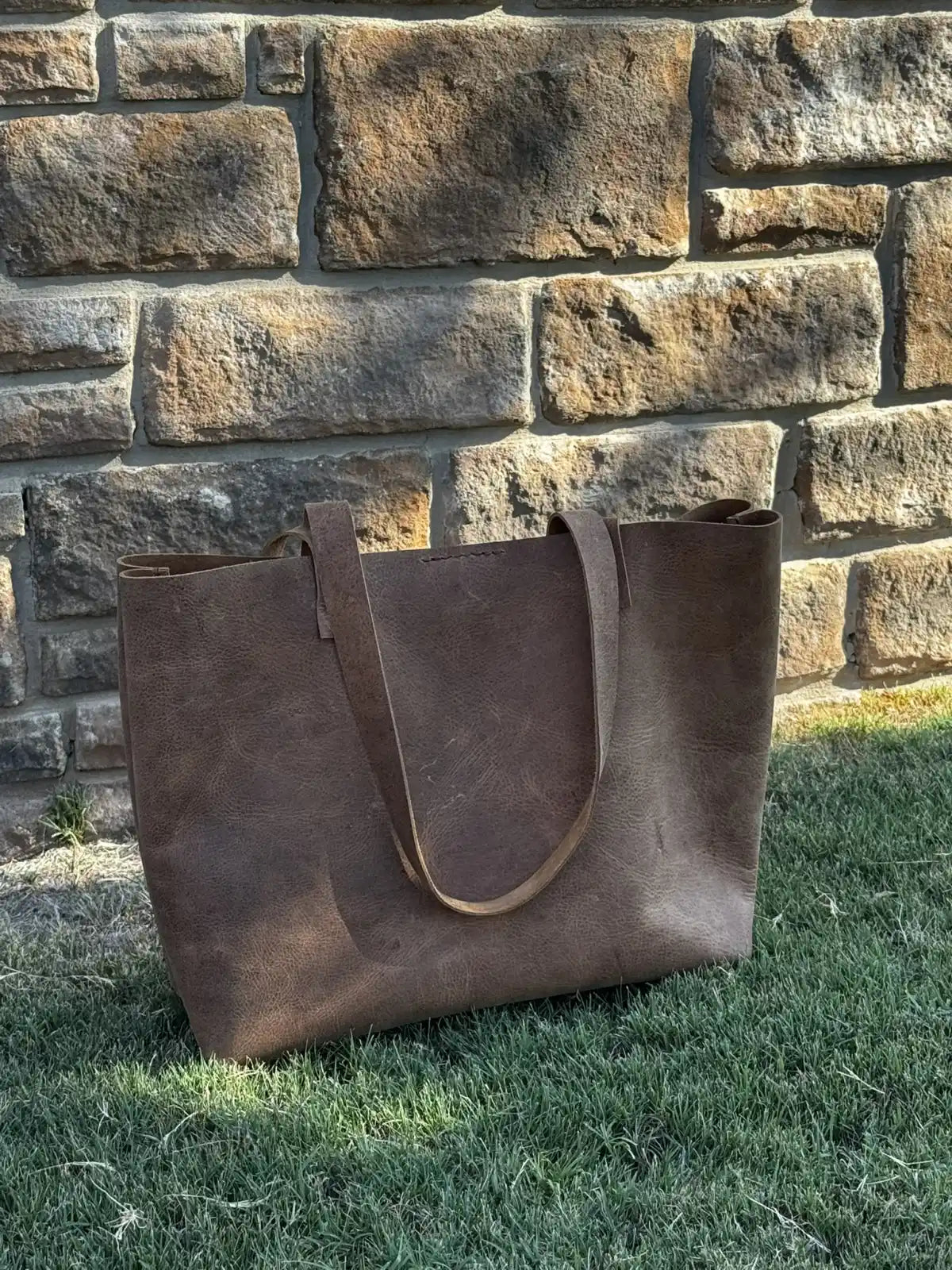 Rustic Brown Durable Buffalo Leather Tote with Magnetic Closure and Brass Feet