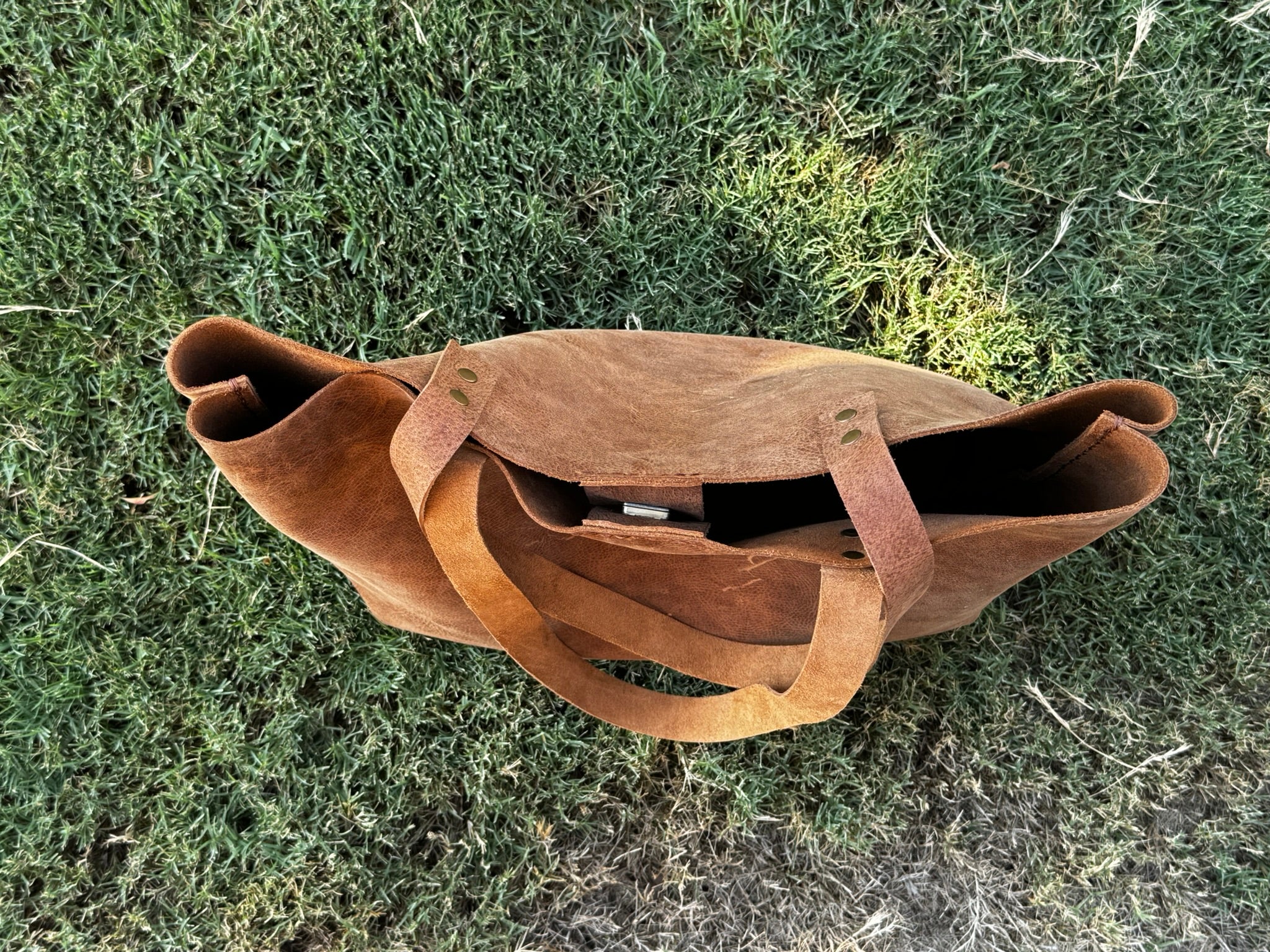 Rustic Brown Durable Buffalo Leather Tote with Magnetic Closure and Brass Feet
