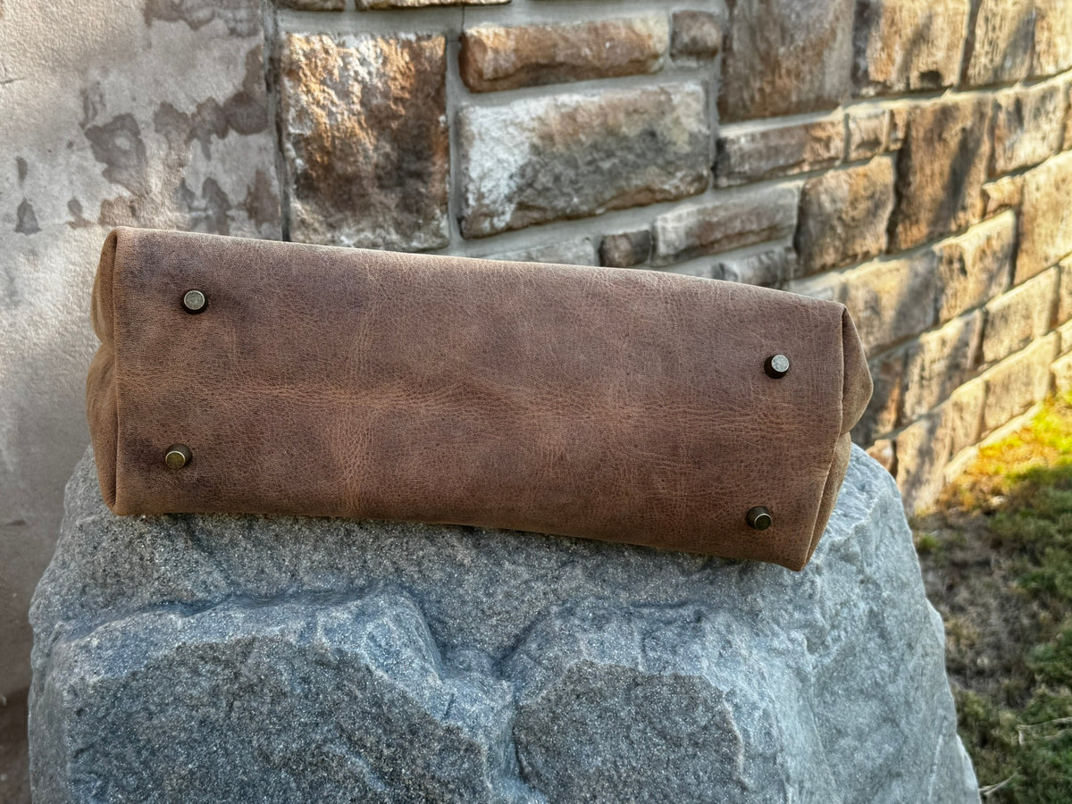 Rustic Brown Durable Buffalo Leather Tote with Magnetic Closure and Brass Feet