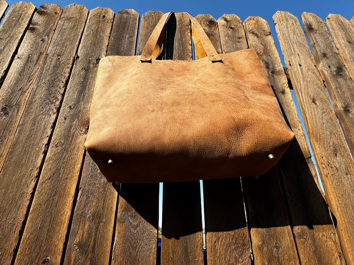 Rustic Brown Durable Buffalo Leather Tote with Magnetic Closure and Brass Feet
