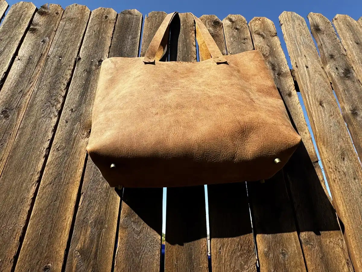 Rustic Brown Durable Buffalo Leather Tote with Magnetic Closure and Brass Feet