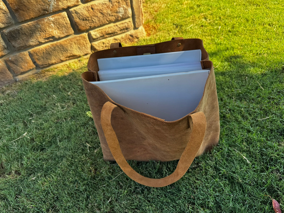Rustic Brown Durable Buffalo Leather Tote with Magnetic Closure and Brass Feet