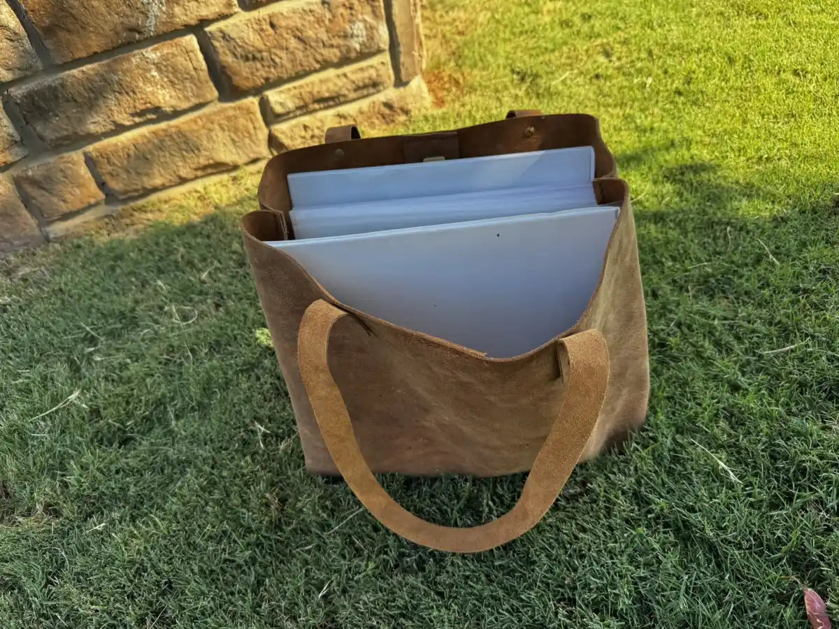 Rustic Brown Durable Buffalo Leather Tote with Magnetic Closure and Brass Feet
