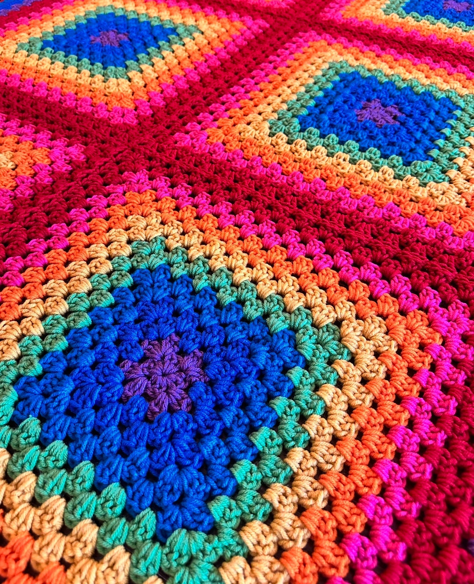 46x66 Handmade Lightweight Crocheted Afghan | Old World Dutch Traditional Handiwork - Big Rainbow Granny Squares | Free Shipping!