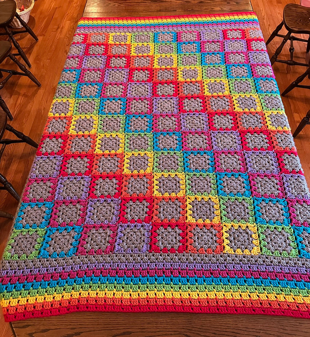 69x74 Handmade Med. Weight Crocheted Afghan | Old World Dutch Traditional Handiwork - Rainbow Granny Squares | Free Shipping!