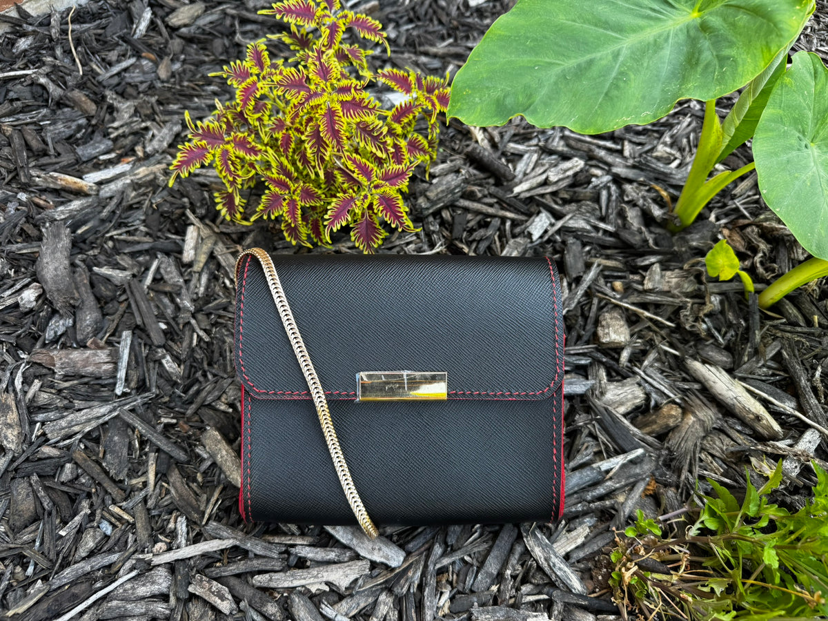 Designer Italian Black and Red Leather Purse with Gold Chain and Magnetic Closure
