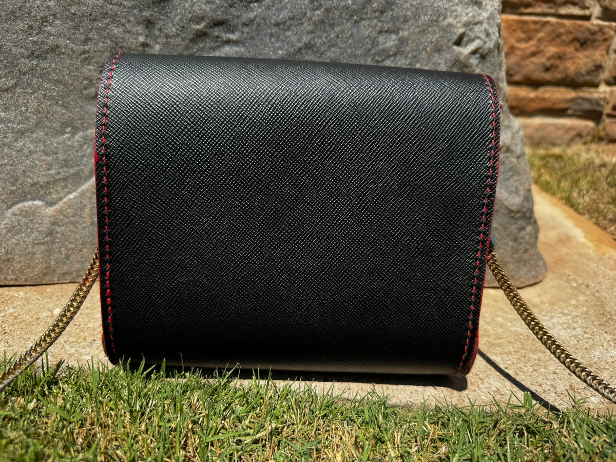 Designer Italian Black and Red Leather Purse with Gold Chain and Magnetic Closure