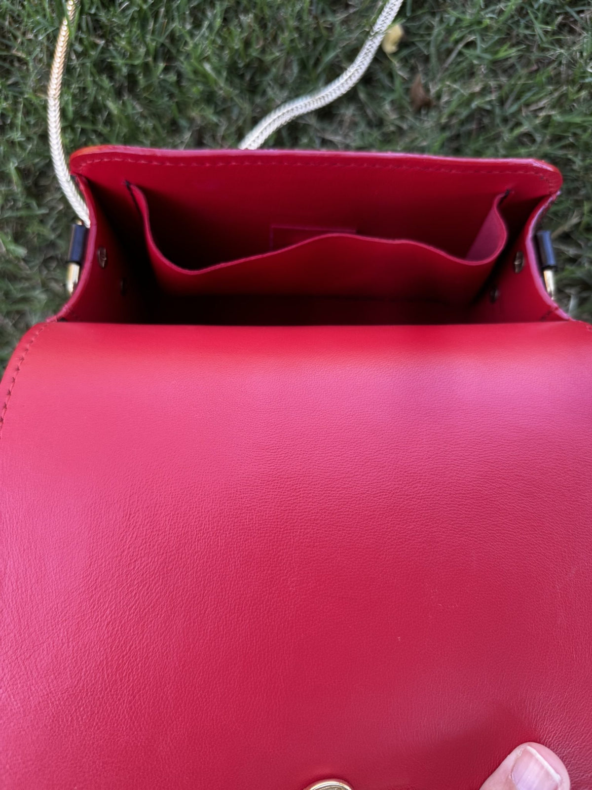 Designer Italian Black and Red Leather Purse with Gold Chain and Magnetic Closure