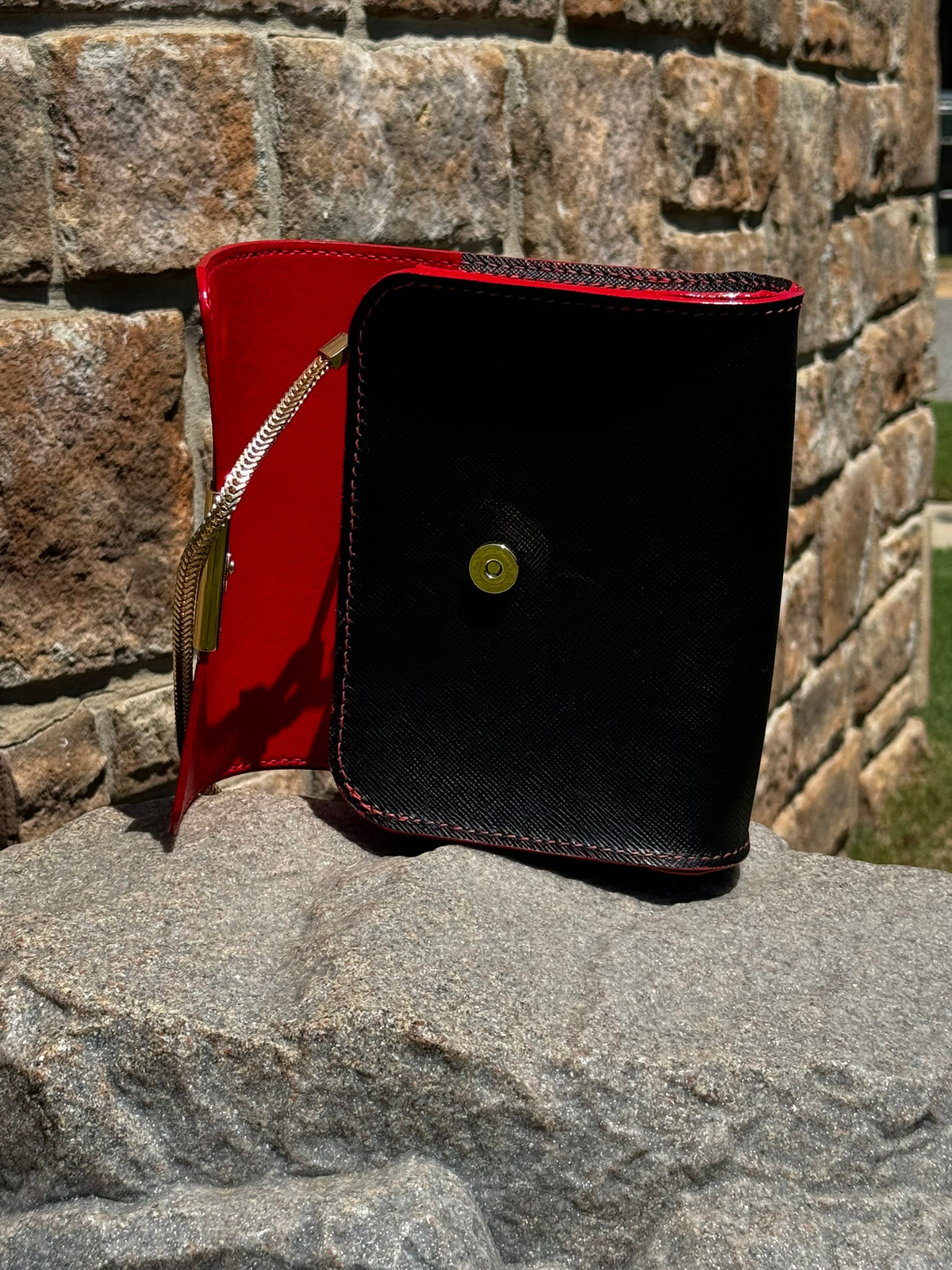 Designer Italian Black and Red Leather Purse with Gold Chain and Magnetic Closure
